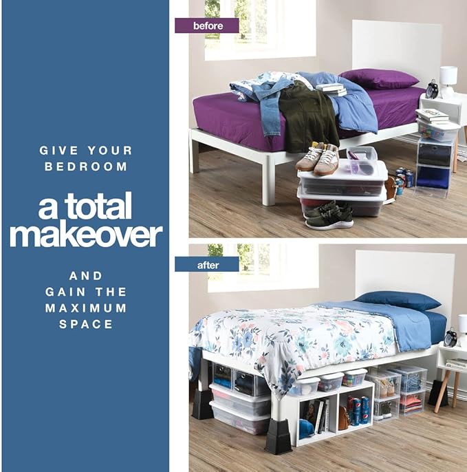 Home It Adjustable Bed Risers - Elevation in 3, 5 or 8 Inch - Heavy Duty Stackable Furniture Risers Supports 1,300 lbs - for Under-Bed Storage, College Dorms, Table and Couch, 4 Pack Bed Lifts Black