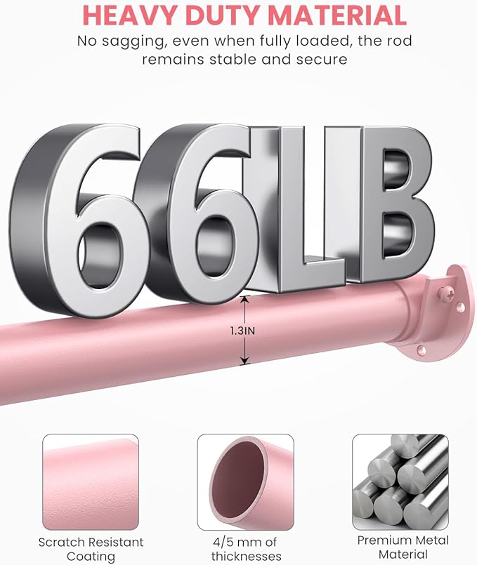 Supforce Closet Rods for Hanging Clothes, 17 to 69 Inches Stepless Adjustable Metal Closet Rod, 1.3 Inches Heavy Duty Clothes Hanging Rod for Closet Wardrobes Laundry RV, Pink