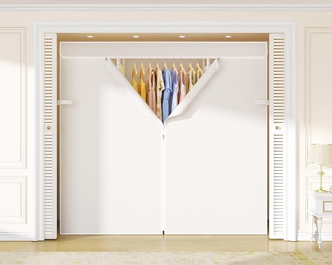 ULIFHOME E3C White Clothes Rack with Beige Cover, Heavy Duty Freestanding Garment Rack, Metal Closet System Storage Organizer for Clothing, Holds up to 850 lbs, 59.5" W x 16.5" D x 77.4" H