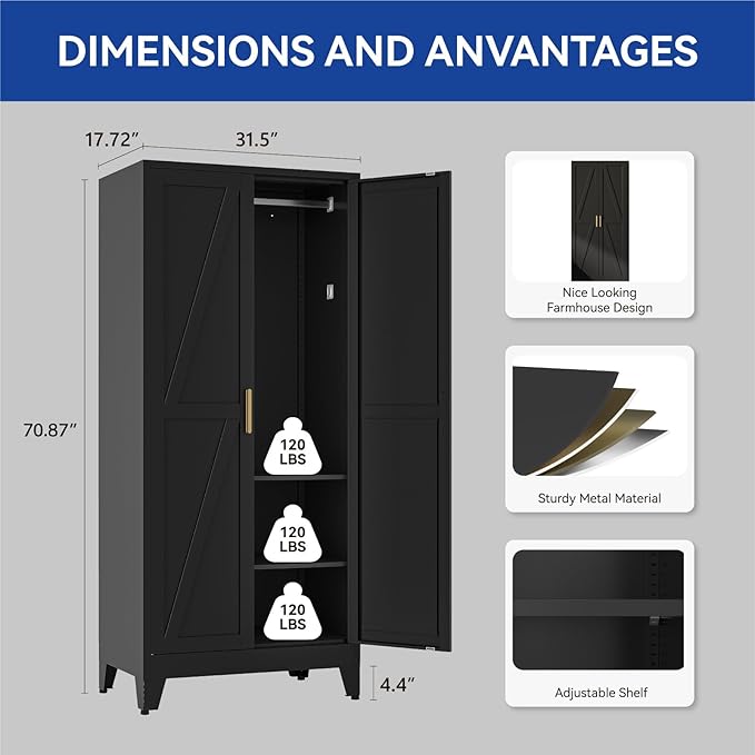 COFaR 71'' Metal Armoire Wardrobe Closet, Steel Wardrobe Cabinet with Adjustable Hanging Rod and Shelves, 2 Doors Farmhouse Closet Storage for Bedroom Garage Laundry, Black Roperos para Guardar Ropa