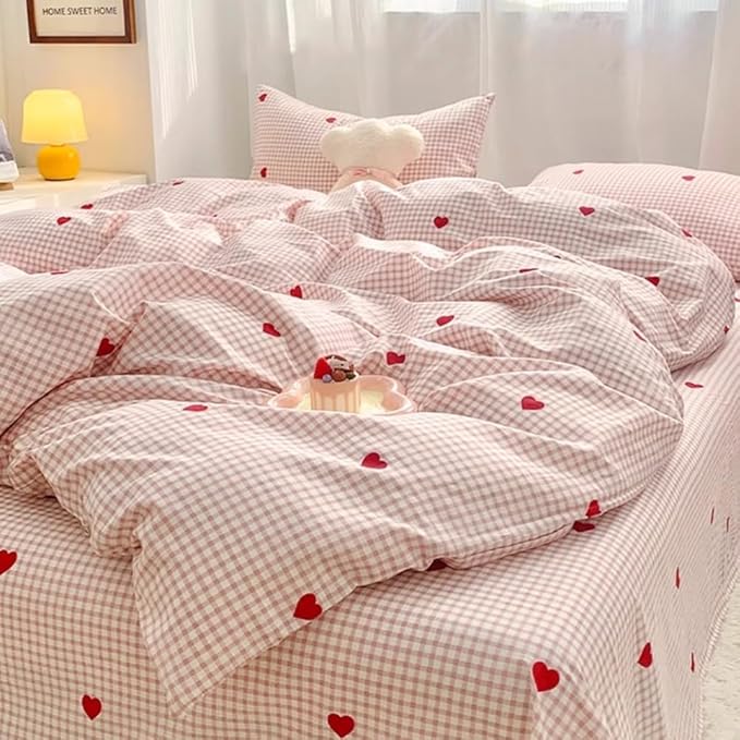 Nayoroom Gingham Duvet Cover Twin Size Pink Plaid Red Heart Printed on White Bedding Set 2 Pcs Kids Girls Cute Heart-Shaped Comforter Cover with Zipper Closure Soft Breathable Microfiber