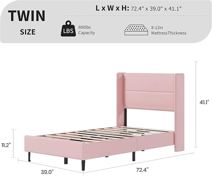 Garvee Twin Size Bed Frame with Wingback Headboard, Velvet Upholstered Platform Bedframe with Wood Slats, No Box Spring Needed, Easy Assembly, Pink
