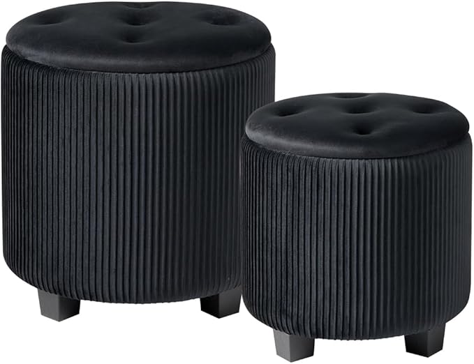 BLEXA Big Round Ottoman with Storage Set of 2-Upholstered Velvet Vanity Stool for Makeup Multifunctional Foot Rest Coffee Table Padded Seat Tufted Ottomans for Living Room&Bedroom (Big Black)