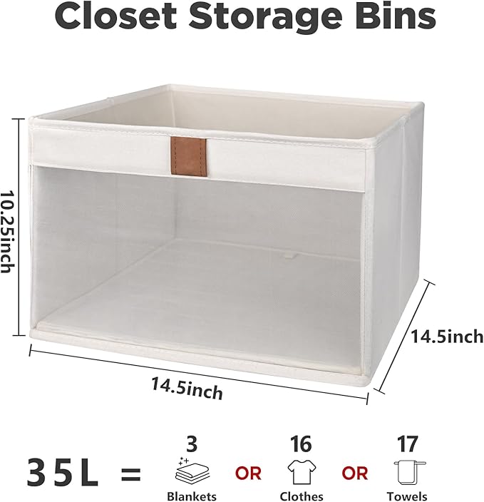 Linen Closet Organizers and Storage, Closet Storage Bins Basket Organizer, Foldable Organization Baskets with Mesh Window for Clothes Towels and Toys, 14.5" x 14.5" x 10.25", Beige, 6 pack