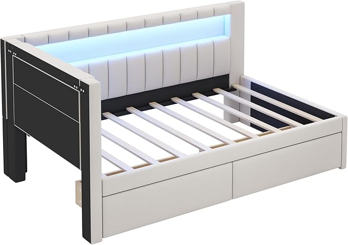 Merax Modern Upholstered Platform Bed Frame with USB Ports & Storage Drawers, Floor Sofa Day Bed, No Box Spring Needed/Easy Assemble/Twin,White