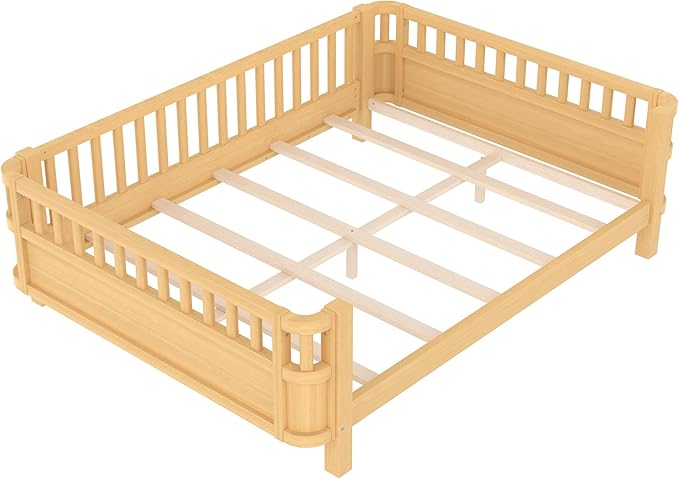Bellemave Full Size Montessori Bed with Fence and Slats, Full Size Low Platform Bed Frame with Detachable Side Bed Rails and Rounded Corner Design, Easy Assemble Montessori Bed Natural