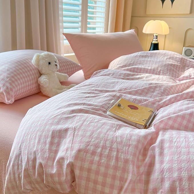 Nayoroom Gingham Duvet Cover Queen Size Pink White Plaid Checkered Comforter Cover 3 Pcs Soft Breathable Washed Microfiber Grid Farmhouse Bedding Set with Pillow Shams
