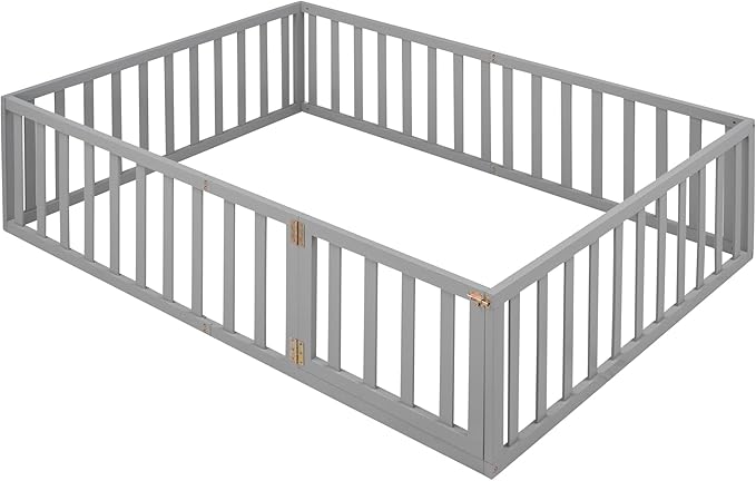 Bellemave Full Size Montessori Floor Bed with 21.7" High Rails, Pine,Plywood Floor Bed with Small Door, Grey