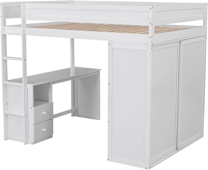 Modern Full Size Loft Bed with Wardrobes and 2-Drawer Desk with Cabinet,Multifunctional Wood Loft Bed for Bedroom,No Box Spring Required (White#Wardrobes, Full)