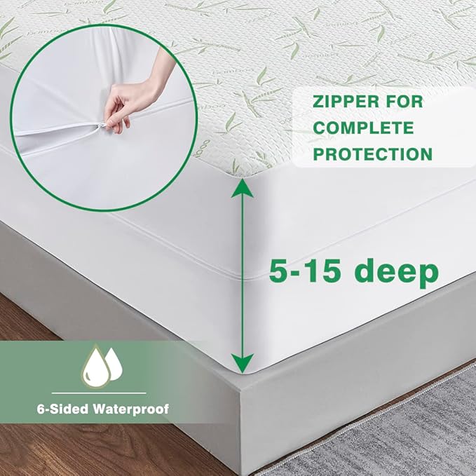 Parkdeny King Mattress Encasement, Waterproof Cooling Rayon from Bamboo, 3D Air Fabric, Breathable, Noiseless, Washable, Fits 5"-15" Deep Mattresses