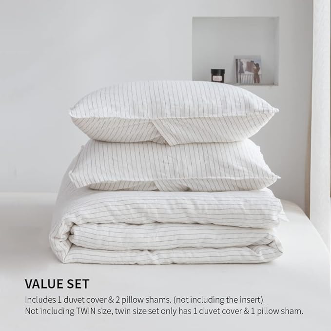 Simple&Opulence 100% Linen Duvet Cover Set 3pcs Yarn Dyed Vertical Pinstripe Ticking Pattern Natural French Washed Flax Breathable Farmhouse Bedding - Grey Stripe, King Size