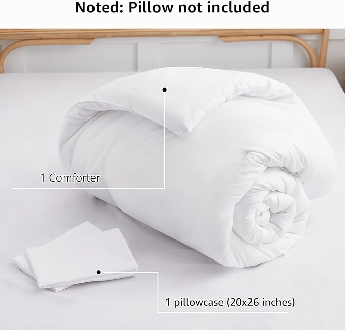 CozyLux Twin Comforter Set White, 2 Pieces Twin Extra Long Solid Breathable Bedding Sets for College Dorm, Twin XL Luxury Soft Bed Set with Down Alternative Comforter and 1 Pillowcase All Seasons