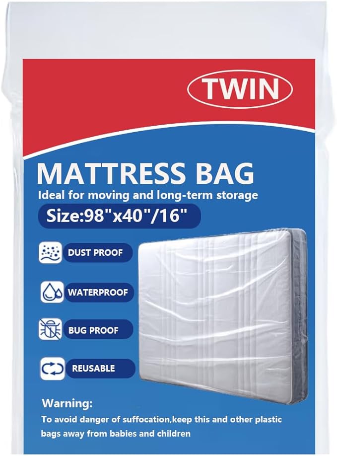 Plastic Mattress Bag for Moving Storage, Mattress Protector Cover ,Mattress Bag for Disposal (Twin)
