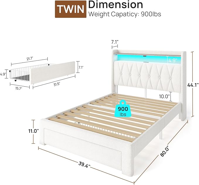 Rolanstar Twin Bed Frame with Drawer, Storage Headboard with Charging Station and LED Lights, Upholstered Bed with Heavy Duty Wood Slats, No Box Spring Needed, Noise Free, Easy Assembly, Beige