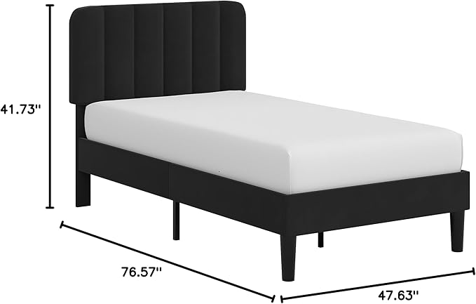 VECELO Twin Size Bed Frame with Upholstered Headboard, Velvet Platform Bedframe Mattress Foundation, Strong Wood Slat Support, No Box Spring Needed,Black