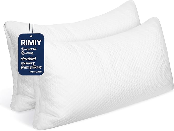 Cooling Adjustable Memory Foam Pillows Queen Size Set of 2, Bamboo Firm Pillow w/Washable Zippered Cover, Luxury Bed Pillow for Side, Back and Stomach Sleeper, CertiPUR-US Certified Foam