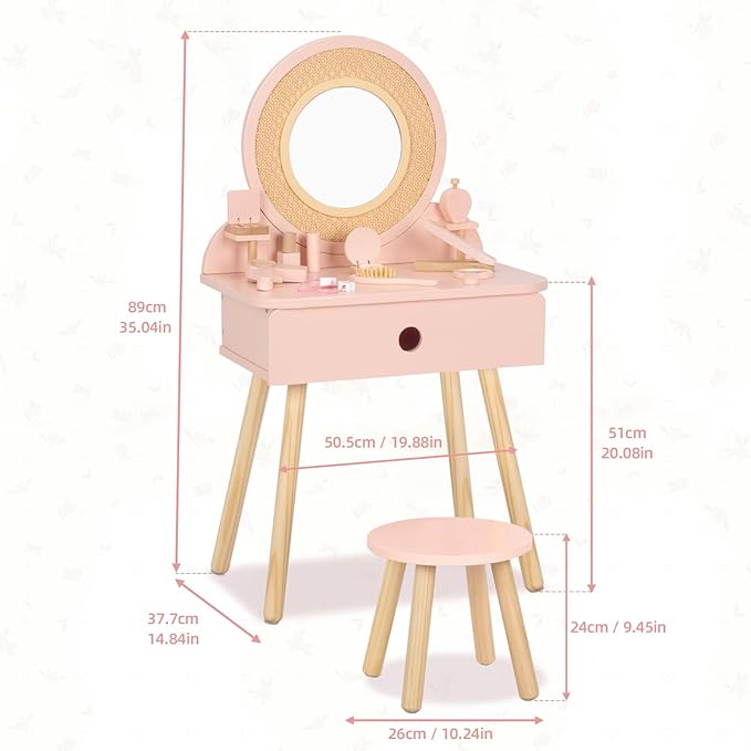 OOOK Kids Vanity Table and Chair Set, Pink Girls Vanity Set with 11 Pcs Accessories, Enough for Real and Pretend Makeup, Toddler Vanity for 3-5 Year Old and Up as Ideal Gift