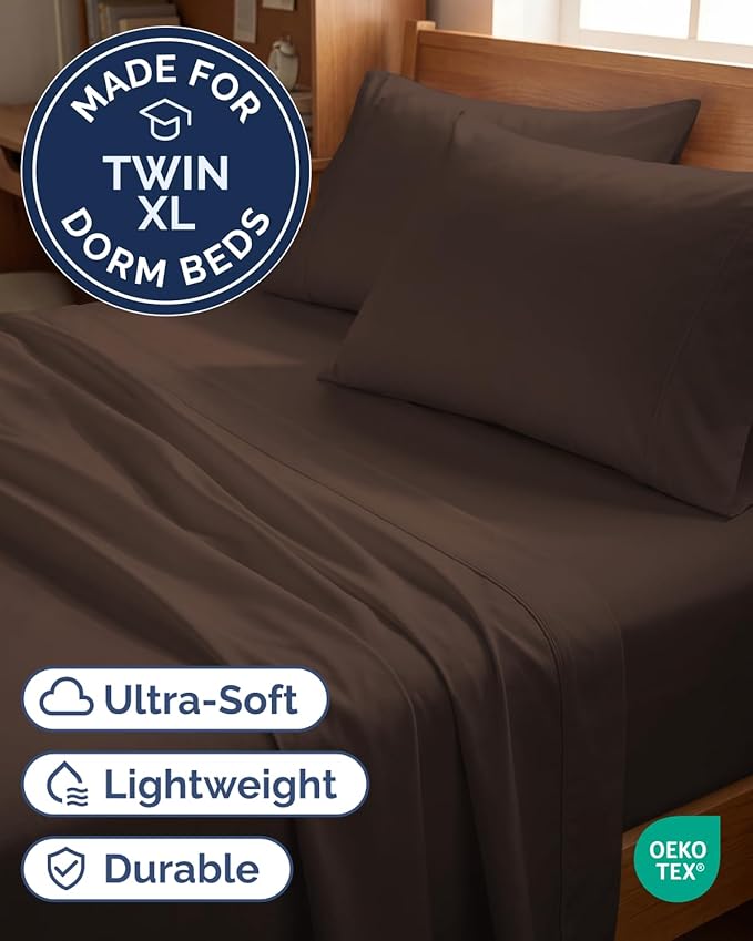 Twin XL 4 Piece Sheet Set - Comfy, Breathable & Cooling - Hotel Luxury Bedding for Women, Men, Kids, Teens and Children - 1 Flat & 1 Fitted Sheet & 2 Pillowcases w/ Deep Pockets - Wrinkle Free - Brown