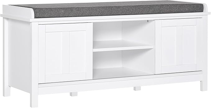 HOMCOM Entryway Shoe Bench Storage Ottoman with Sliding Doors, Adjustable Shelving, 6 Compartments, and Padded Seat, Holds 10 Pairs, White