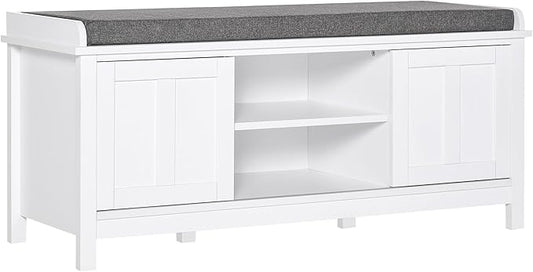 HOMCOM Entryway Shoe Bench Storage Ottoman with Sliding Doors, Adjustable Shelving, 6 Compartments, and Padded Seat, Holds 10 Pairs, White
