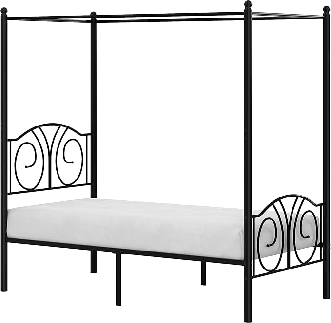 VECELO Metal Canopy Bed Frame Twin Size, 4 Posters Platform Mattress Foundation with Headboard, Heavy Duty Steel Slats Support, No Box Spring Needed, Matte Black