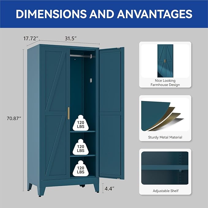 COFaR 71'' Metal Armoire Wardrobe Closet, Steel Wardrobe Cabinet with Adjustable Hanging Rod and Shelves, 2 Doors Farmhouse Closet Storage for Bedroom Garage Office, Peacock Blue