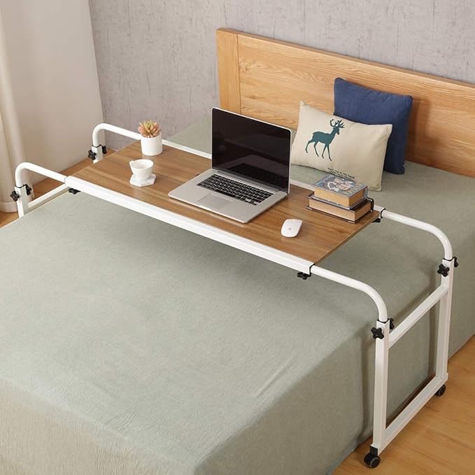 TigerDad Adjustable Overbed Table with Wheels, Mobile Laptop Desk on Wheels for King Queen Bed, Height Adjustable Rolling Computer Cart with Stand, Ancient Oak