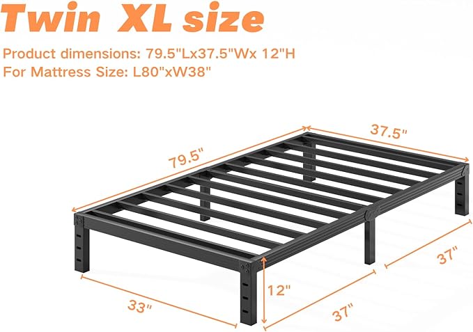Twin-XL Metal Bed-Frame No Box Spring Needed,12-Inch Noise Free Black Platform Bed-Base, Easy Assembly,Heavy Duty Steel Slat Support Non Slip Mattress Foundation