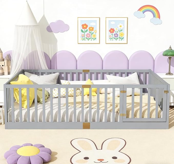 Bellemave Full Size Montessori Floor Bed with 21.5" High Rails, Rubber Wood Full Floor Bed with Slats and Door, Gray