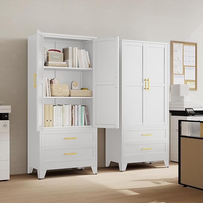 erosoei 71" H Metal Pantry Storage Cabinet,Office File Cabinets with 2 Drawers and Shelves, Kitchen Cupboard Storage Cabinet for Bedroom and Dinning Room（White）
