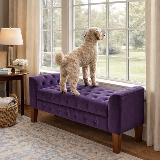 HomePop Velvet Tufted Storage Bench Settee with Hinged Lid, Purple 50" x 18" x 23"