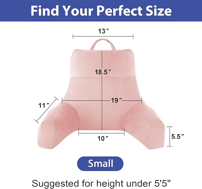 IPYNBAP Back Pillow for Bed Sitting up, Reading Pillow for Sitting in Bed Adult, Back Support Pillow, Memory Foam Sit up Lounge Backrest Pillow with Arms for TV, Couch, Chair, Dorm, 18 Inch, Pink