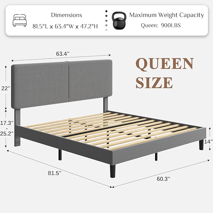 VECELO Queen Bed Frame Upholstered with Charging Station, Height-Adjustable Headboard, Wooden Slat Support, No Box Spring Needed, Easy Assembly, Dark Grey