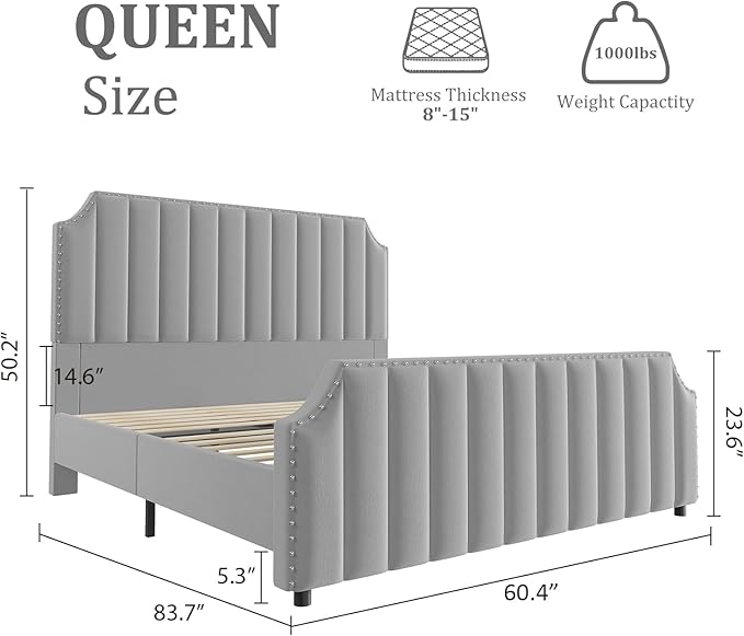 GarveeHome Queen Size Velvet Bed Frame, 50.2 in Tall Headboard & Footboard, Upholstered Platform Queen Bed Frame with Nailhead Trim, No Box Spring Needed, Noise Free, Solid Wooden Slats, Grey
