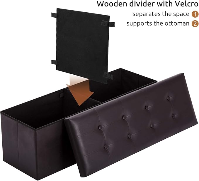 YOUDENOVA Folding Storage Ottoman, Faux Leather Ottoman Bench Footrest Ottoman, Storage Chest Padded Seat for Bedroom and Living Room, Brown, 15" D x 43" W x 15" H