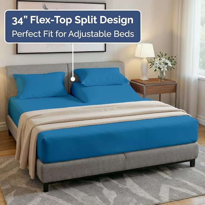 Flex Top Split Head King 4 Piece Sheet Set - Ultra-Soft, Breathable & Cooling Bed Sheets Set - Hotel Luxury Bedding for Women & Men with Deep Pockets - Wrinkle and Fade Free - Oeko-Tex - Denim Blue