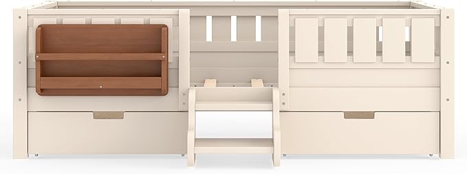 Bellemave Twin Bed with Storage Drawers & Bookshelf, Low Profile Kids Bed Frame with Staircase & Full Length Guardrails, Solid Wood Twin Bed for Kids with Slats Load 300LBS, Easy Assembly, Beige