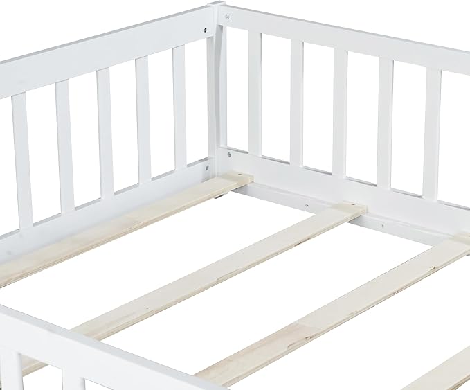 Bellemave Full Size Montessori Floor Bed Frame with Rails & Door, Solid Wood Kids Floor Bed Full with Removable Slats, Low Profile Montessori Bed for Children’s Sleep & Play, White