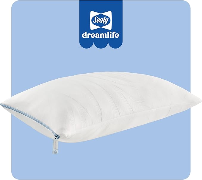 Sealy Dreamlife Queen Size Memory Foam Cooling Pillow with Surface Guard Technology, Removable Machine-Washable Cover, 1 Year Limited Warranty, White