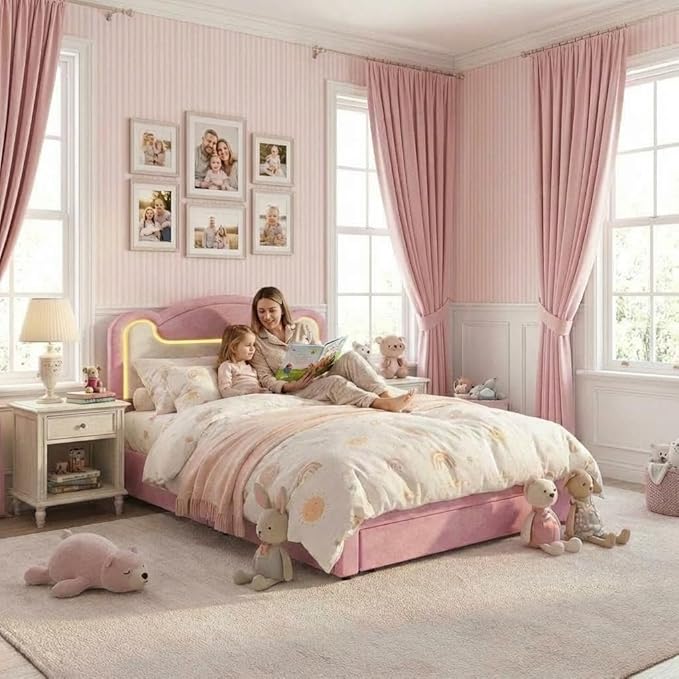 Garvee Full Size Upholstered Bed Frame with LED Lights & Storage Drawers, Fabric Headboard & Wood Slats, No Box Spring Needed, Princess Bed for Girls (Pink White)