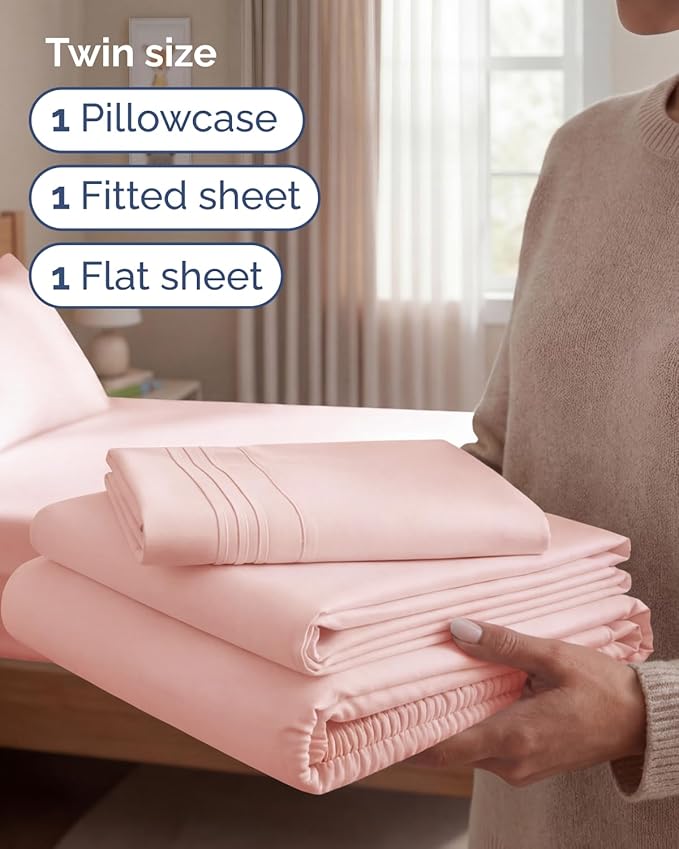 Twin Size 3 Piece Sheet Set - Comfy Breathable & Cooling Sheets - Hotel Luxury Bed Sheets for Women & Men - Deep Pockets, Easy-Fit, Extra Soft & Wrinkle Free Sheets - Baby Pink Oeko-Tex Bed Sheet Set