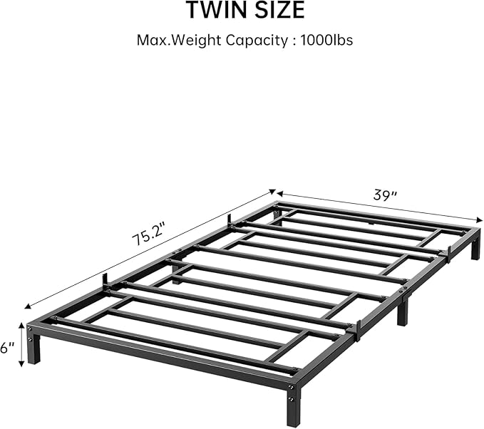 GarveeHome Twin Size Bed Frame, 6 Inch Metal Platform Bed Frames with Heavy Duty Steel Slat Support, No Box Spring Needed, Noise Free,Anti-Sliding Slat,Easy Assembly, Under Bed Storage
