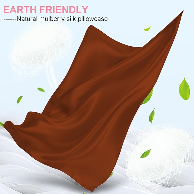 Silk Pillow Cases 2 Pack Standard Size with Hidden Zipper, Mulberry Silk Pillowcase for Hair and Skin, Smooth and Soft Breathable Cooling Silk Satin Pillowcase Set of 2, Gifts for Women，Burnt Orange