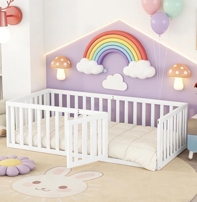 Bellemave Twin Size Montessori Floor Bed with 21.7" High Rails, Pine,Plywood Floor Bed with Small Door, White