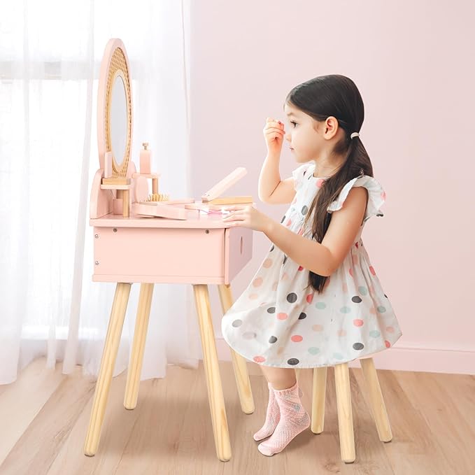 OOOK Kids Vanity Table and Chair Set, Pink Girls Vanity Set with 11 Pcs Accessories, Enough for Real and Pretend Makeup, Toddler Vanity for 3-5 Year Old and Up as Ideal Gift