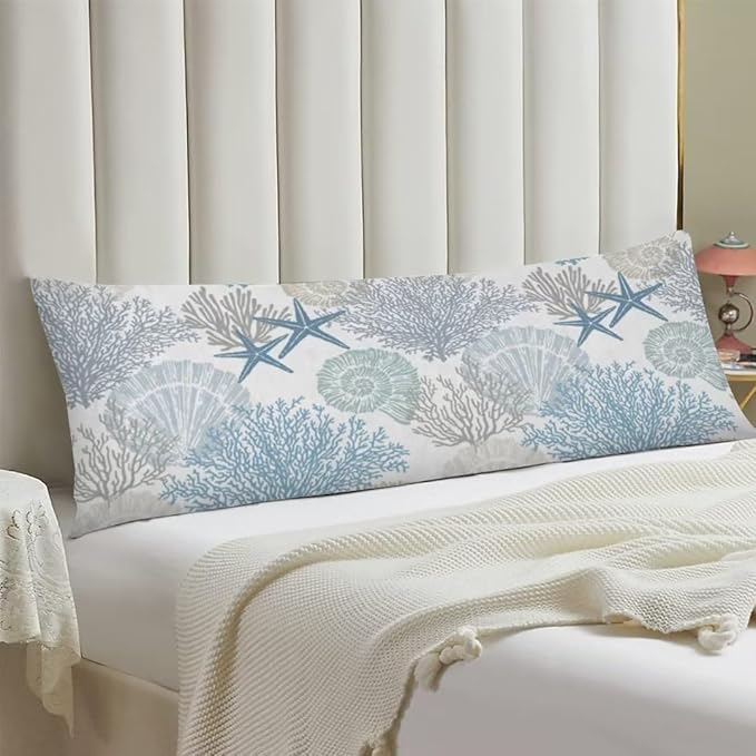 Beach Theme Body Pillow Cover,Nautical Blue Coral Starfish Ocean Marine Coastal,Long Pillow Case with Zipper Rectangle Bedding Pillowcase Decorative Soft Cushion Covers for Bedroom,20"x54",Teal Blue