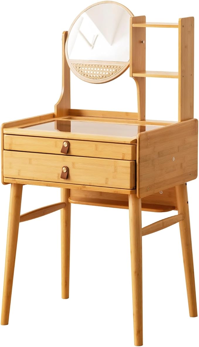 Tiita Vanity Desk, Makeup Vanity Table with Mirror, Dressing Table with 2 Drawers,Modern Wood Bedroom Vanity Vintage Dressing Table for Women Girls, Wood