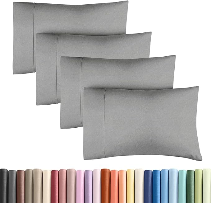Standard Pillow Cases Set of 4 - Soft Hotel Quality Pillowcase Covers - Comfy Bedding for Women, Men, Kids & Teens - Machine Washable Pillow Protectors - 4 Piece Set - Standard Size Heathered Grey