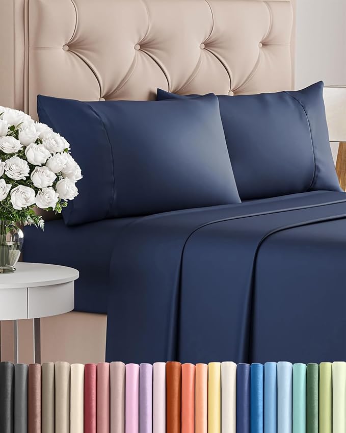 Twin 4 Piece Sheet Set - Comfy, Breathable & Cooling - Hotel Luxury Bedding for Women, Men, Kids, Teens & Children - 1 Flat & 1 Fitted Sheet & 2 Pillowcases w/ Deep Pockets - Wrinkle Free - Navy Blue