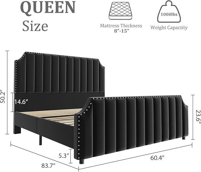 GarveeHome Queen Size Velvet Bed Frame, 50.2" Tall Headboard & Footboard, Upholstered Platform Queen Bed Frame with Nailhead Trim, No Box Spring Needed, Noise Free, Solid Wooden Slats, Black